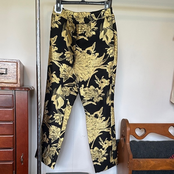 NWT Natori Black and Gold Jacquard Floral Women's Ankle Pants 2 Side Zip